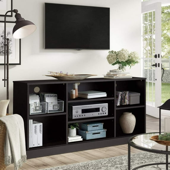 CAPHAUS Wood 58" / 70" TV Stand Console Table with Open Storage Shelves for TV, Colors Available in Black Oak and White…