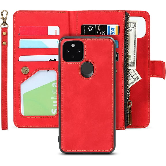 Wallet Case Compatible with Google Pixel 4a 5G,[6 Card Slots] [Wrist Strap] [Stand Feature] Detachable 2 in 1 Magnetic Zipper Leather Slim Cover Case for Google Pixel 4a 5G,6.2 inch Red