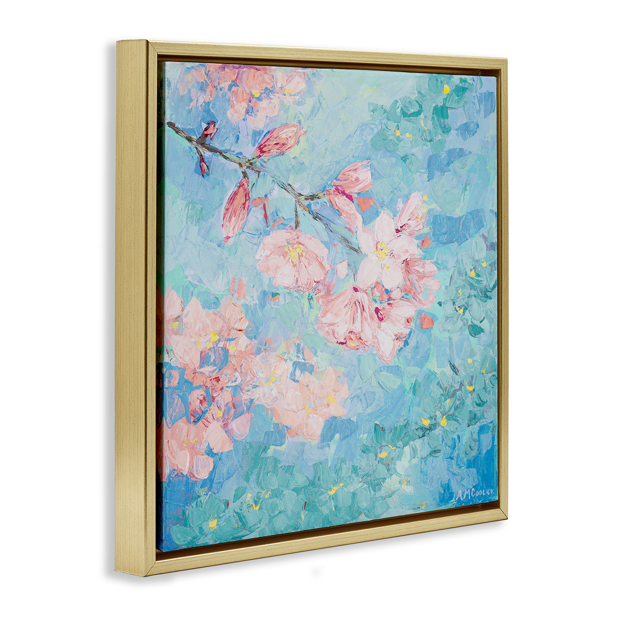 Stupell Industries Yoshino Cherry Blossom Plants & Flowers Painting Gold Floater Framed Canvas Art Print Wall Art, 18 x 18