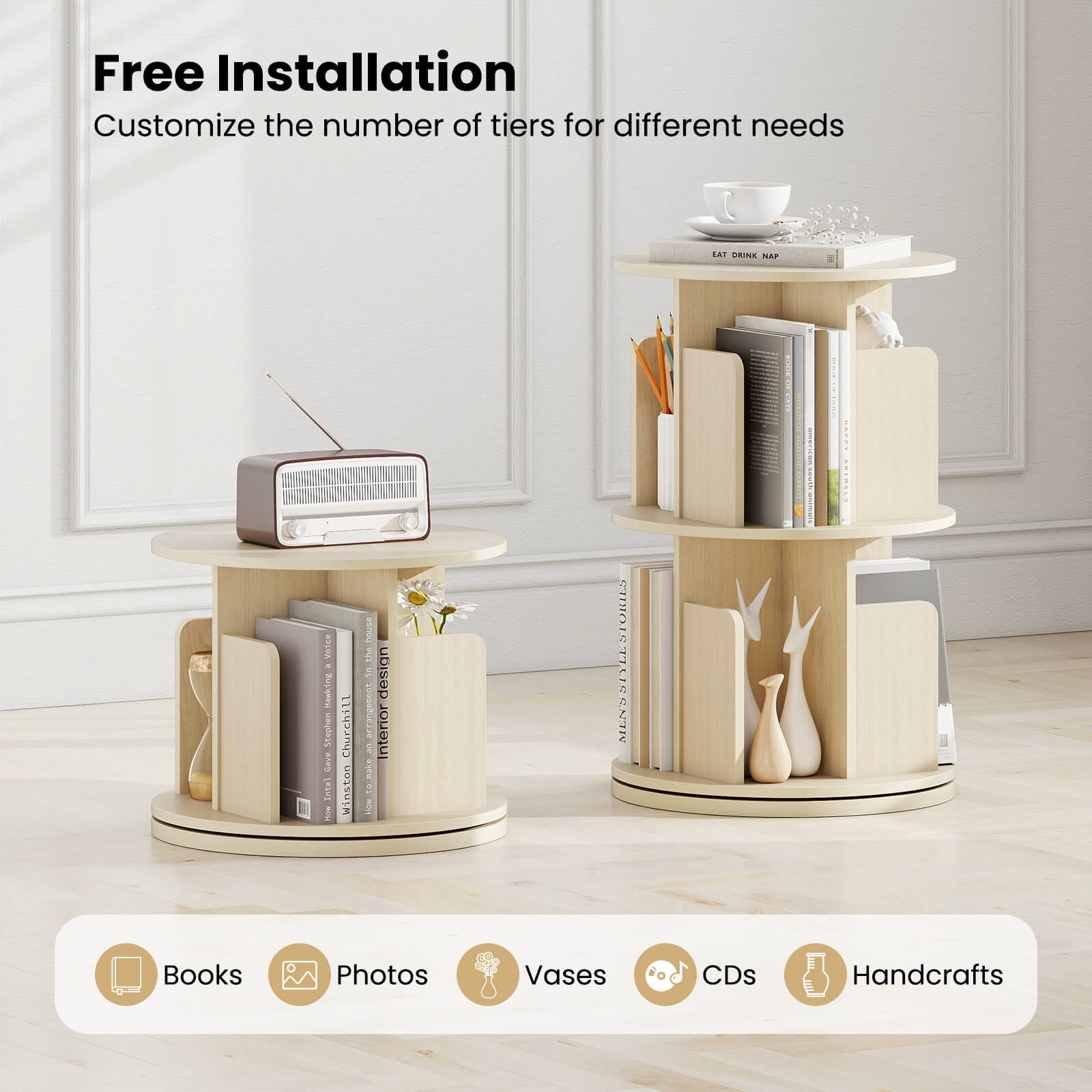 Costway 1 PCS 2-Tier Rotating Bookshelf 360° Display Rack with Dividers & Anti-falling Baffles Natural