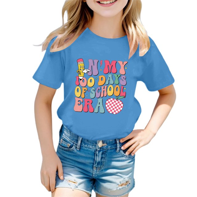 T-shirts Filles Enfants Filles Garçons Col Rond Manches Courtes Tee Été Décontracté T-Shirt Hauts Filles Bleu 6 Ans-7 Ans