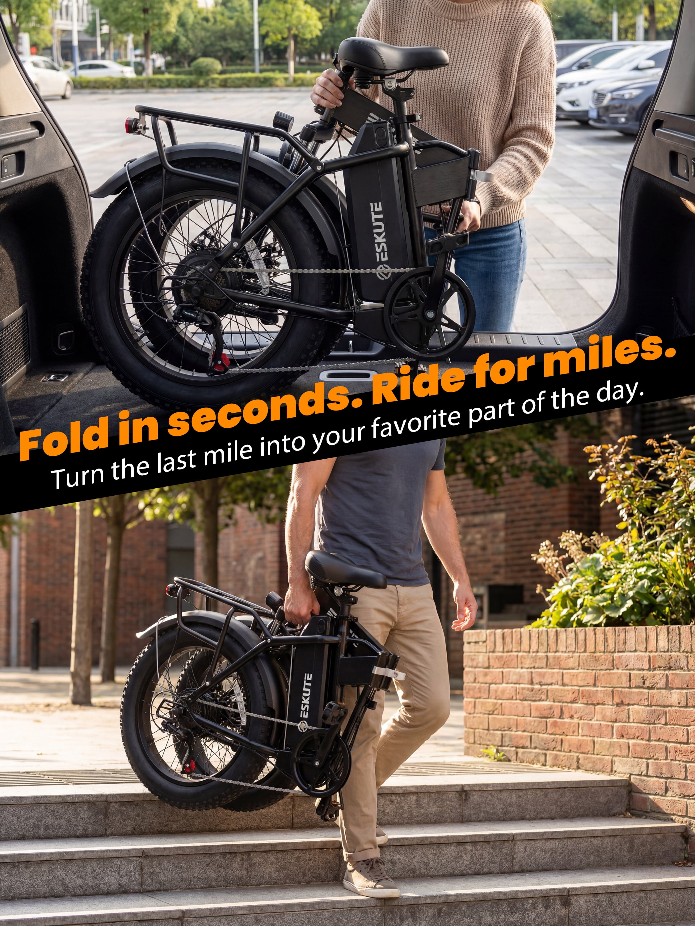 ESKUTE D300 Electric Bike for Adults, Folding Ebike with 1200W Peak Motor 28MPH, 48V 20.8Ah Removable Battery, 20"x4.0" Fat Tires, 80 Miles 7-Speed Gear, NFC Unlock,Black with Phonebag & Lock, UL2849