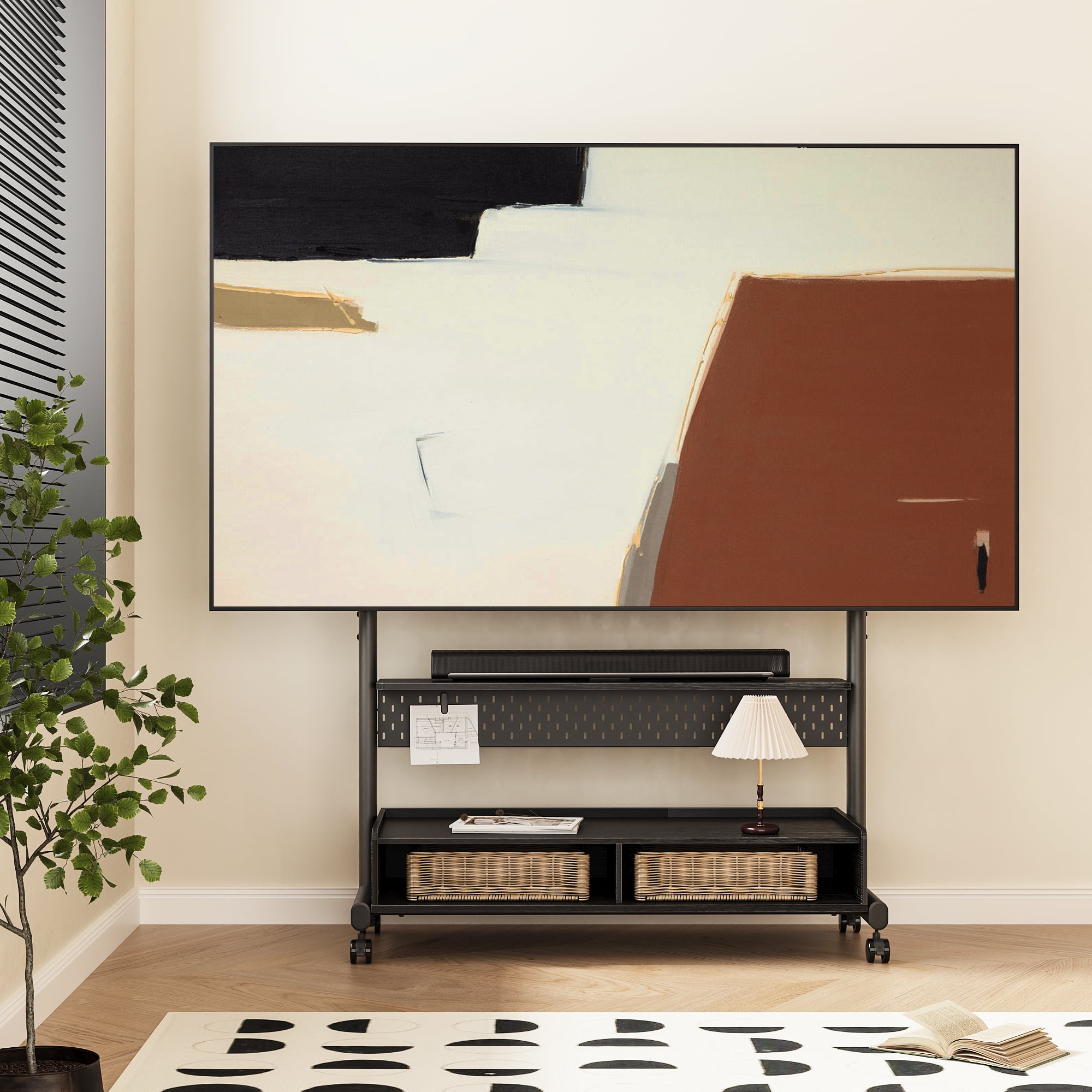 FITUEYES Rolling TV Stand with Wheels for 70-100 inch TVs,with Two Wooden Large Storage,Black
