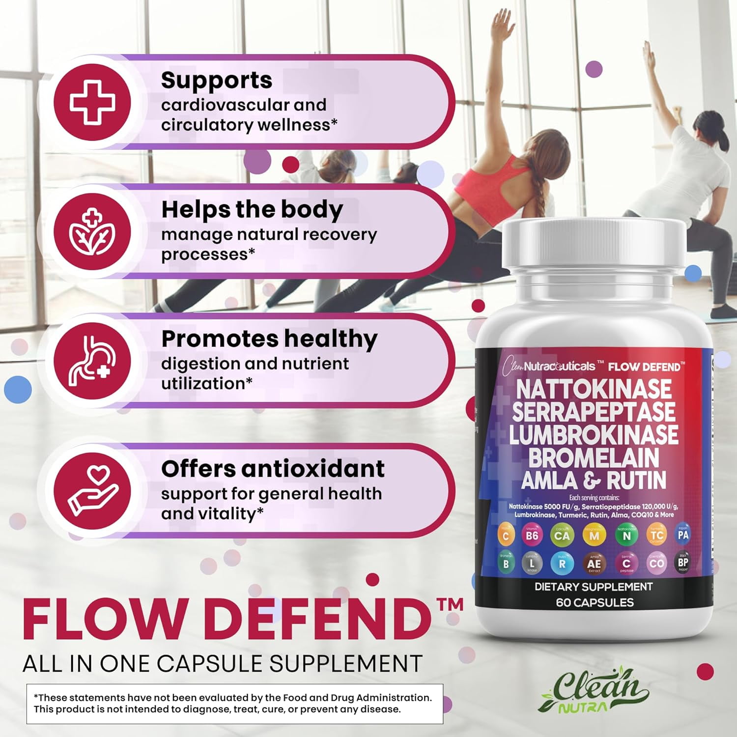 Clean Nutraceuticals Nattokinase 5000 FU Serrapeptase 120000 SPU Lumbrokinase Enzyme Supplement with Bromelain Papain Papaya Enzymes Rutin Extract Amla Magnesium Vitamin B6 & VIT C Capsules