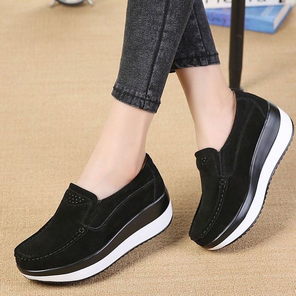 Women's Suede Leather Slip-on Shoes Wedge Moccasin Loafers Casual Walking Shoes Trainers Platform Sneaker