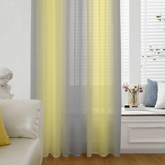 Yellow Grey Stripes Semi Sheer Curtains Drapes for Living Room, Bedroom, French Doors Window 96 Inches Long, Modern Minimalist Solid Gradient Rod Pocket Chiffon Curtain Drapery Voile Draperies Panel
