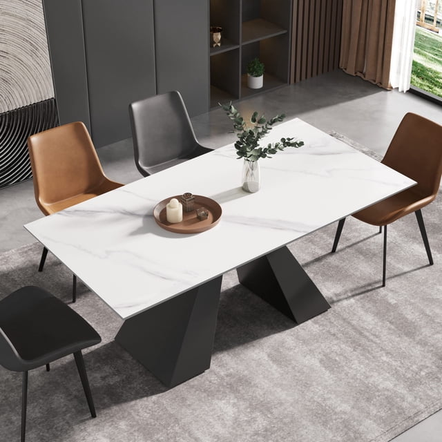Modern Extendable Dining Table, Maximum Expanded 79", Antique White Sintered Stone Tabletop Dining Table with Black Carbon Steel Base, Rectangular Dining Room Table for 6-8