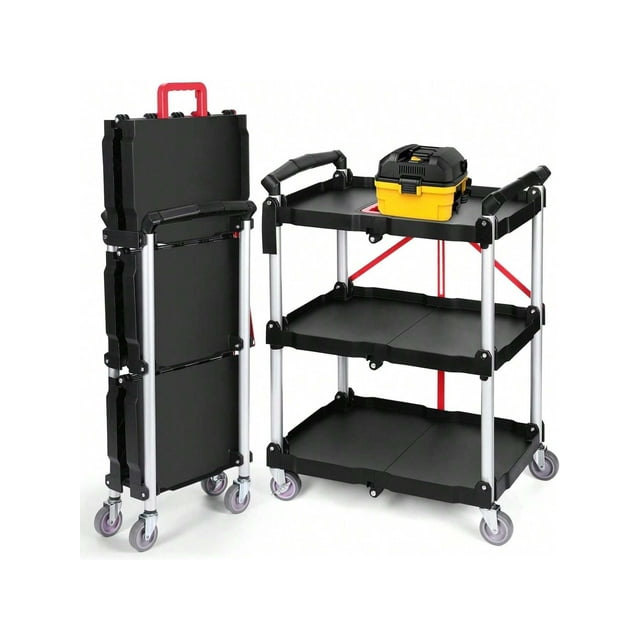 Chariot Utilitaire Pliable à 3 Niveaux, Chariot Roulant Robuste de 165 Lb avec Roues à Freins Pivotants à 360°, Chariot d'Outils de Garage Portable pour Entrepôt, Bureau, Maison
