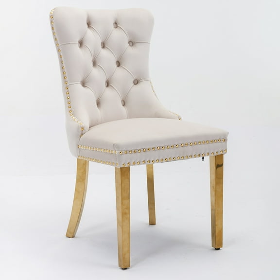 Single Beige Tufted Velvet Dining Chair, Solid Wood Frame, Gold Chrome Plated Steel Legs with Decorative Nailhead Trim