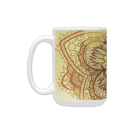 

Hippie Mandala Decor Ethnic Doodle Design Asian Art Traditional Theme Pattern Beige Cream Brown Ceramic Mug (15 OZ) (Made In USA)