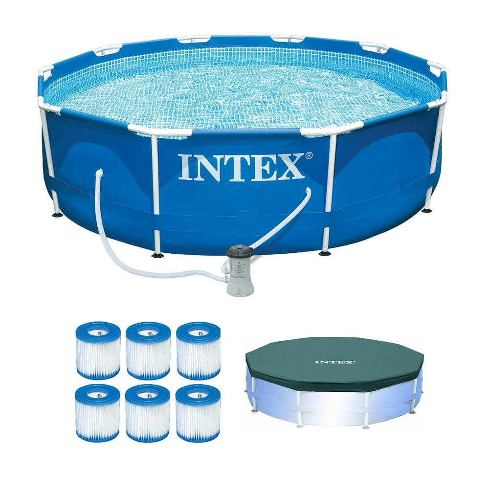 Intex Metal Frame Pool w/ Pump & Type H Filters (6 Pack) & 10ft Round Pool Cover