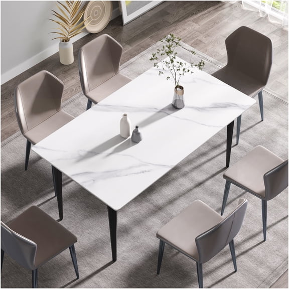 JERFIT 6-Person Modern Dining Table with Sintered Stone Top and Metal Legs, White Rectangular Kitchen Table for Dining Room