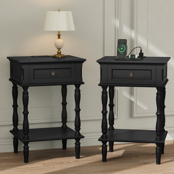 CBJCBJ Modern Minimal Assembly Nightstands Set of 2, Side Table with Drawer and Socket, for Bedroom, Living Room,Black