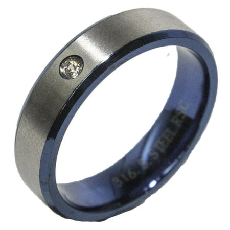 Men's Stainless Steel Blue Accent Single CZ Dress Ring 025