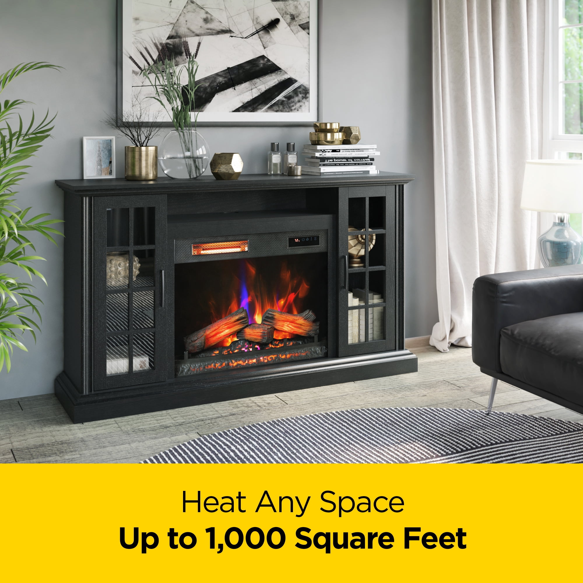 duraflame® Electric Fireplace Media Mantel for TVs up to 65 inches and Farmhouse Storage Cabinets, Black Embossed Ash