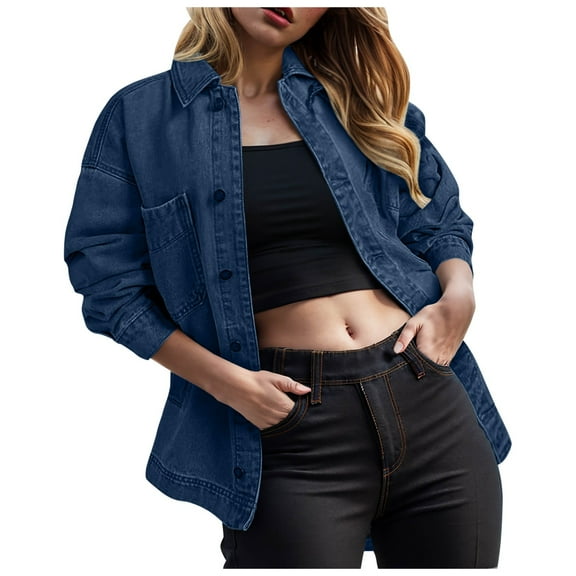 YDFCWXW Women's Jean Jacket Distressed Denim Jacket Long Sleeve Button Down Jean Jacket For Women Dark Blue, XXL
