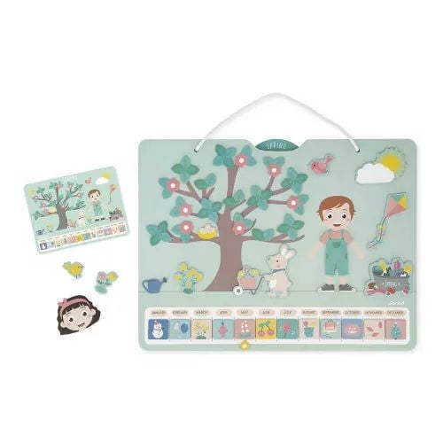 Janod - Wooden Children's Educational Calendar - - Magnetic - 125 Magnets - Learning Time and Seasons - English Version - From 3 Years