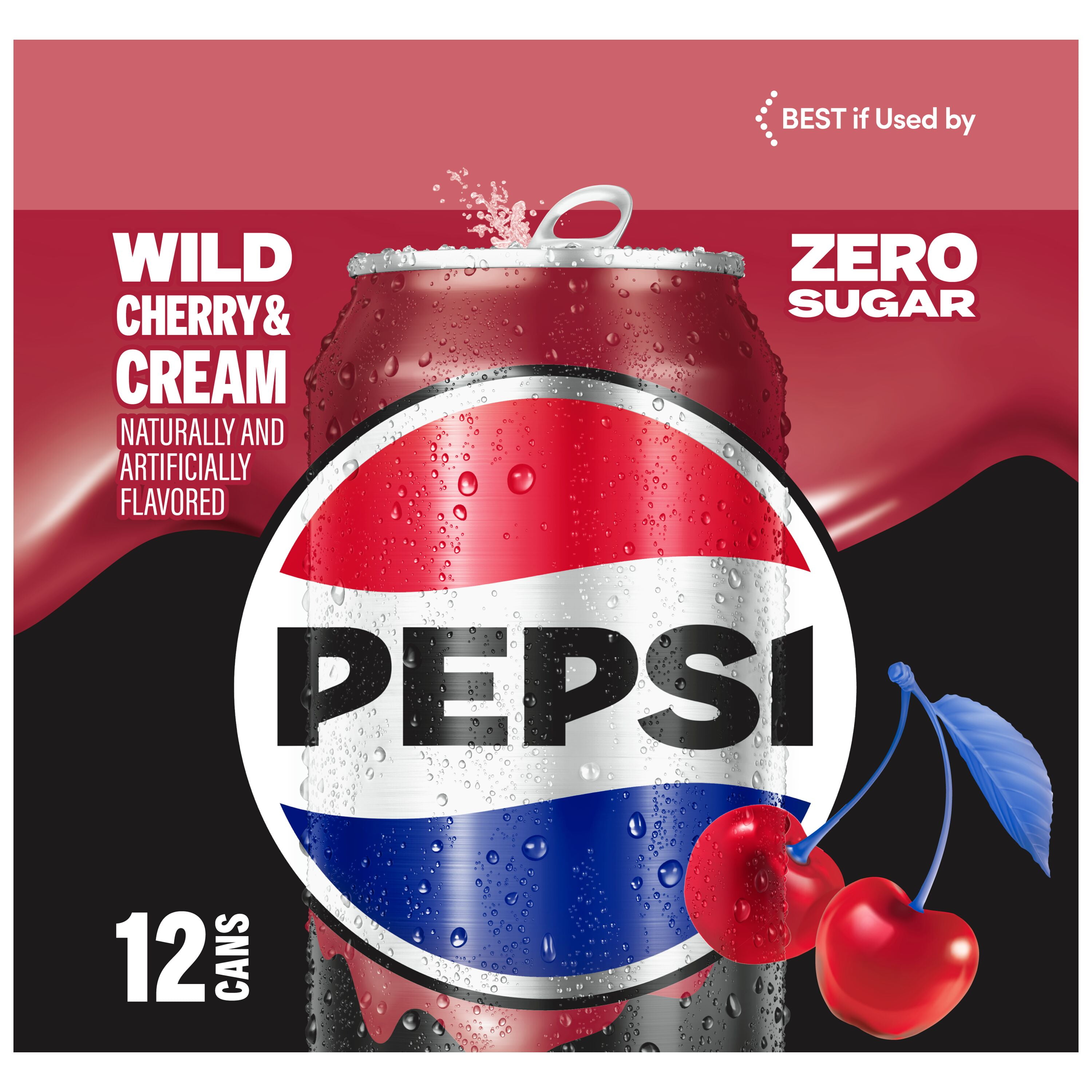 Pepsi Zero Sugar Soda Wild Cherry & Cream 12 fl oz, 12 Count Cans