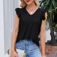 thumbnail image 2 of Black Women's V-Neck Ruffled Collar Short Sleeve T-Shirt, Hollowed Out Detail, Breathable Polyester, Perfect for Spring/Summer - Size S, 2 of 8