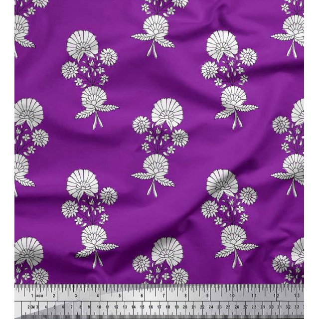 Soimoi Polyester Crepe Fabric Leaves & Floral Block Print Sewing Fabric Yard 52 Inch Wide