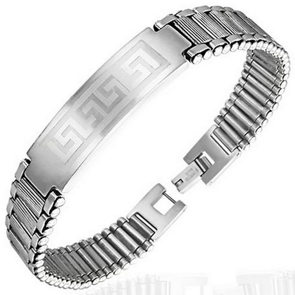 Stainless Steel Silver-Tone Greek Key Mesh Link Chain Bracelet