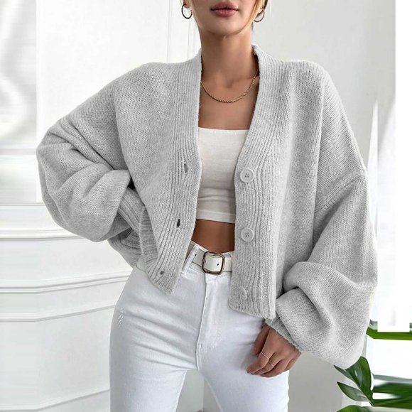 WRKEKC Women's Fall V-Neck Bell Sleeve Button Front Knit Cardigan Long Sleeve Casual Solid Color Open Front Sweater for Women Gray L