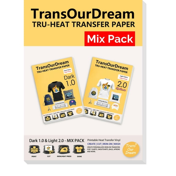 TransOurDream Printable Heat Transfer Paper for Dark and Light T Shirts (10 10 2 Sheets, 8.5x11", Mix Pack) Iron on HTV Vinyl Transfers Paper for Inkjet Printers (D1L2)