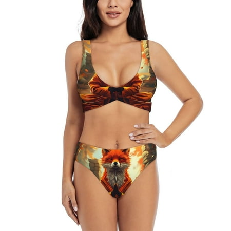 Zeuib Maple Leaf Meditating Fox High Waisted Tummy Control Bikini Set - Knot Front Push Up Top & Cheeky Thong Bottom  Two-Piece Swimsuit for Women-X-Large