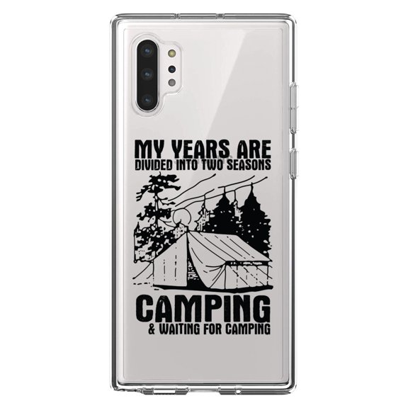 DistinctInk Clear Shockproof Hybrid Case for Galaxy Note 10 PLUS (6.8" Screen) - TPU Bumper Acrylic Back Tempered Glass Screen Protector - Two Seasons - Camping, Waiting for Camping