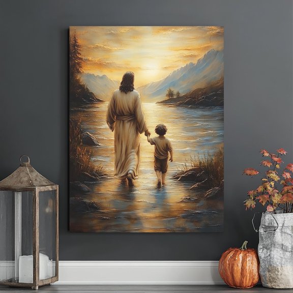 Jesus Walking with Child Canvas Print: Inspirational Christian Wall Art