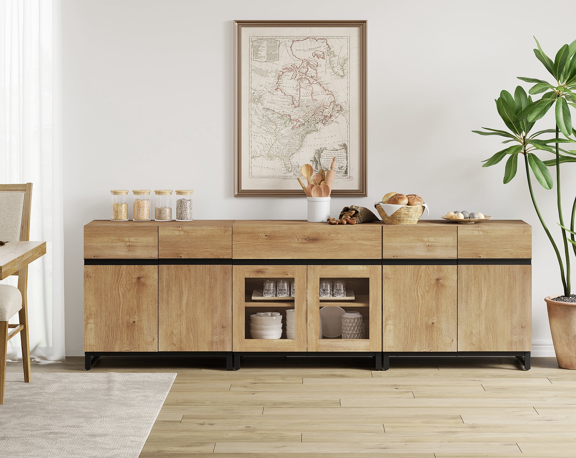 3 In 1 Sideboard Buffet Cabinets With Glass Doors And 1 Drawers, Modern Sideboard Credenza With Adjustable Shelf And Metal Base, Coffee Bar Cabinet Storage Cabinet,Oak