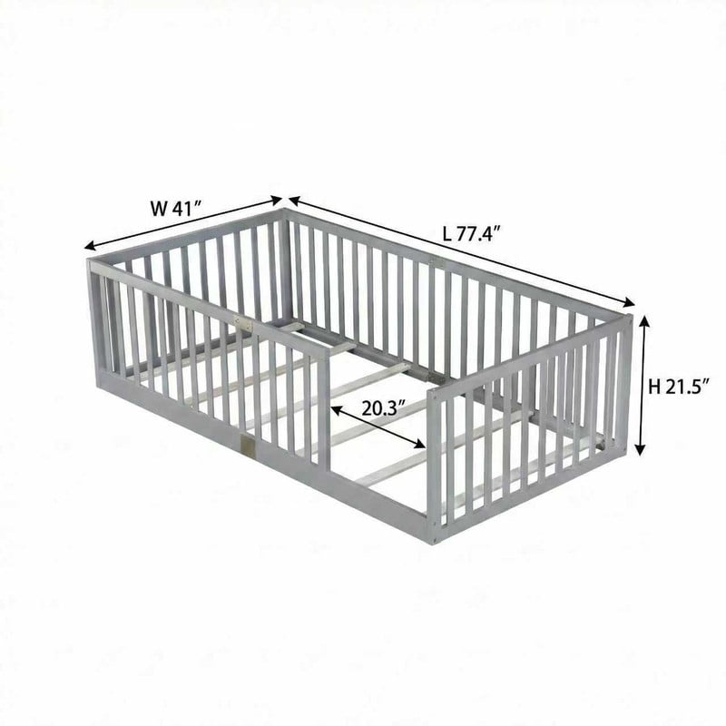 Mirightone Twin Size Wood Montessori Floor Beds with High Fence Railings, Twin Floor Bed with Slats, Twin Playhouse Bed Frame, (Grey)