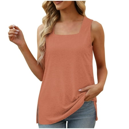 Mrat Womens Camisoles with Built In Bra Women s Fashion Casual Collar Comfortable Loose T-Shirt Sleeveless Tops Racer Back Tank Tops Womens S-349 Orange L
