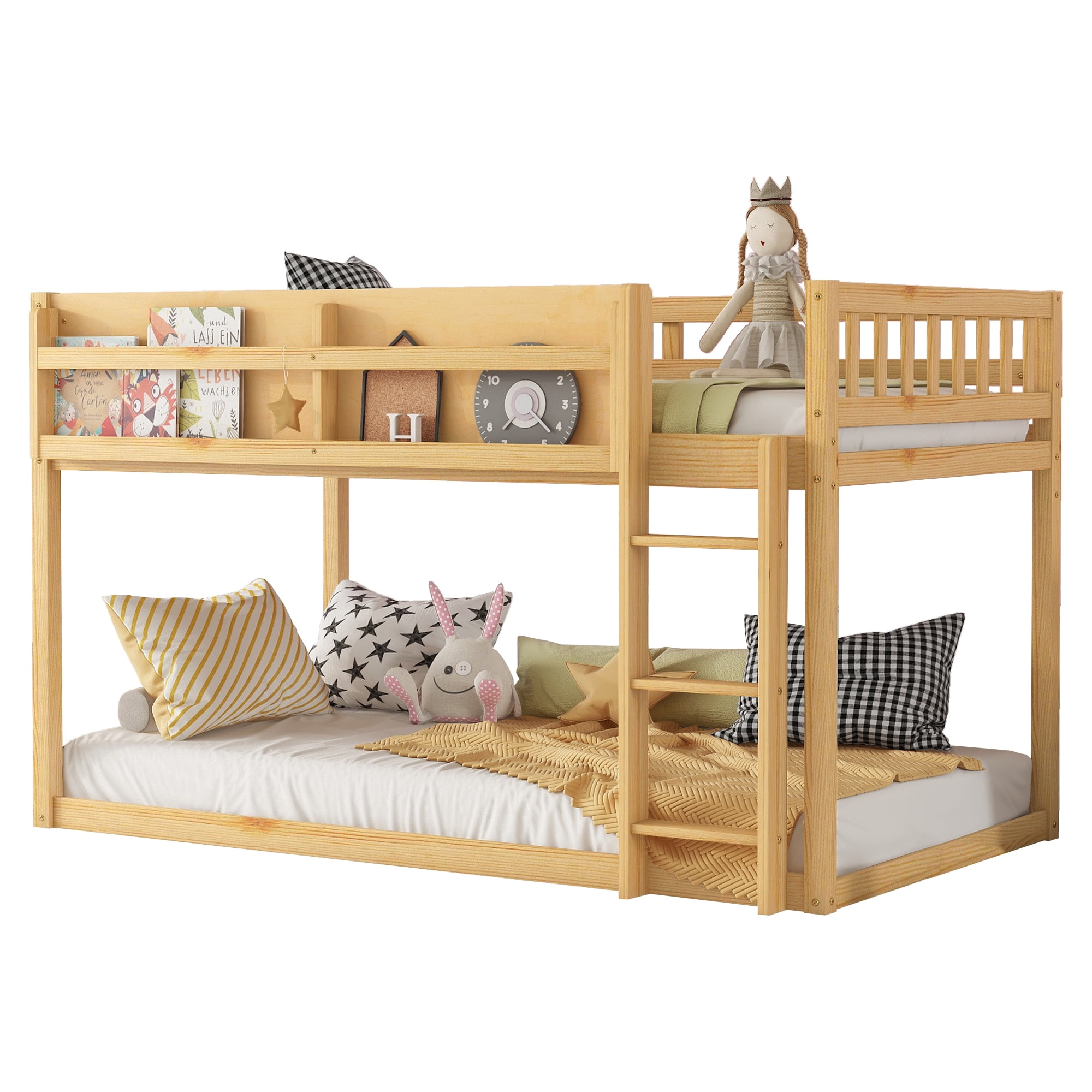 HOQBN Bunk Bed Twin Over Twin,Solid Wood Low Floor Bunk Bed with Ladder,Natural