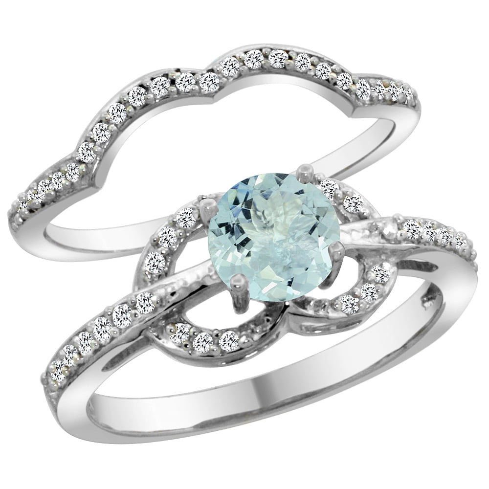 14K White Gold Natural Aquamarine 2-piece Engagement Ring Set Round 6mm, size 5.5 by Gabriella Gold