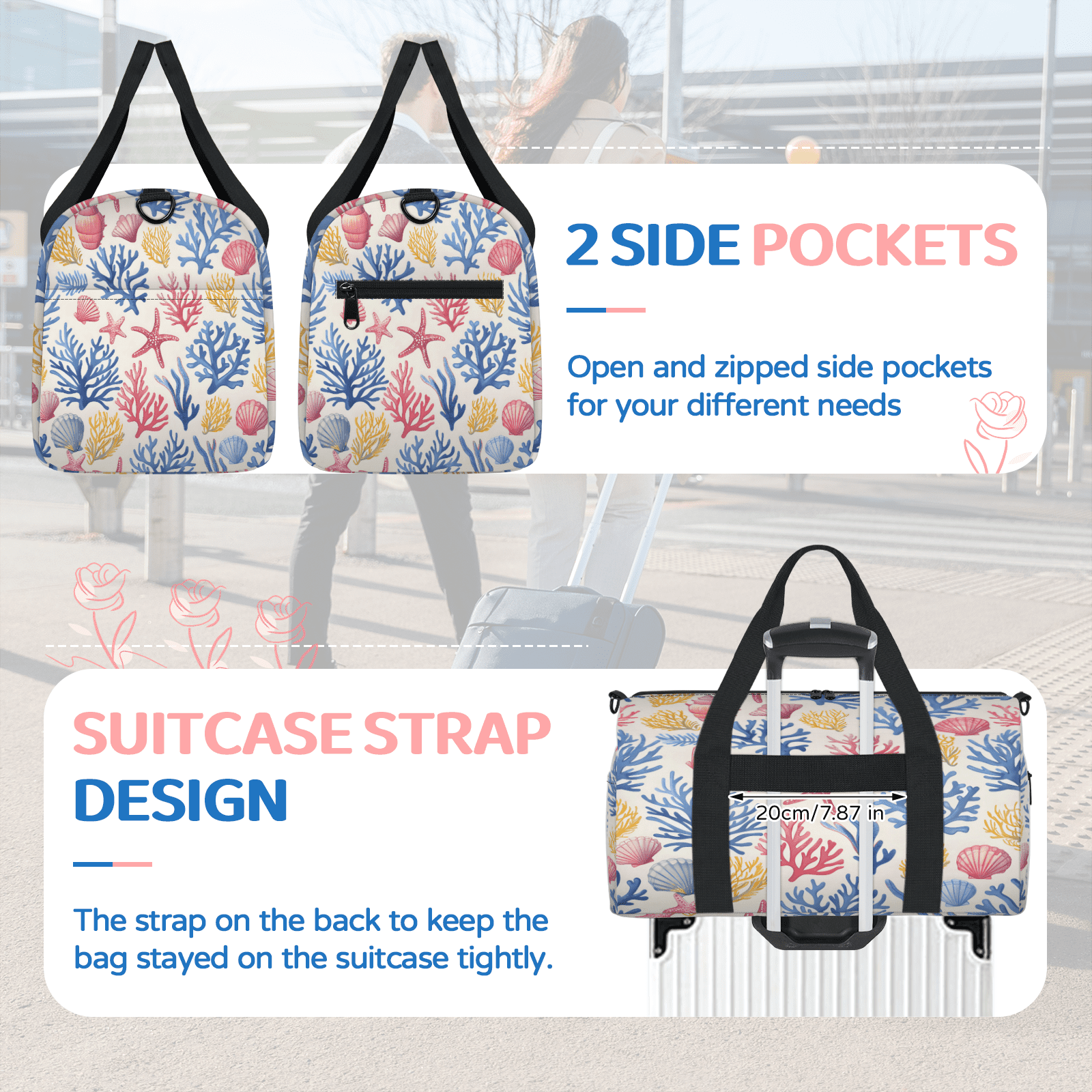 Herdesigns Coastal Starfish Seashell Gym Bag for Women, Duffle Bag for Travel Sport, Lightweight Waterproof Carry on Weekender Overnight Dance Yoga Workout Bags