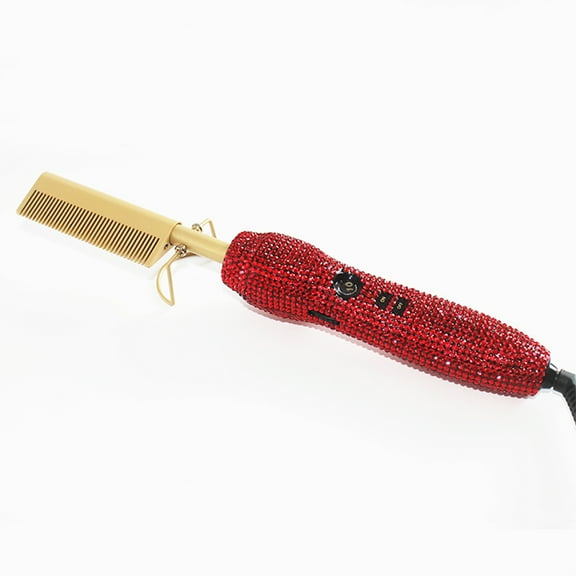 Electric Hot Comb & Hair Straightening Diamond handle Heat Pressing Comb Multifunctional Copper Hair Straightener Brush- Straightening Comb Red