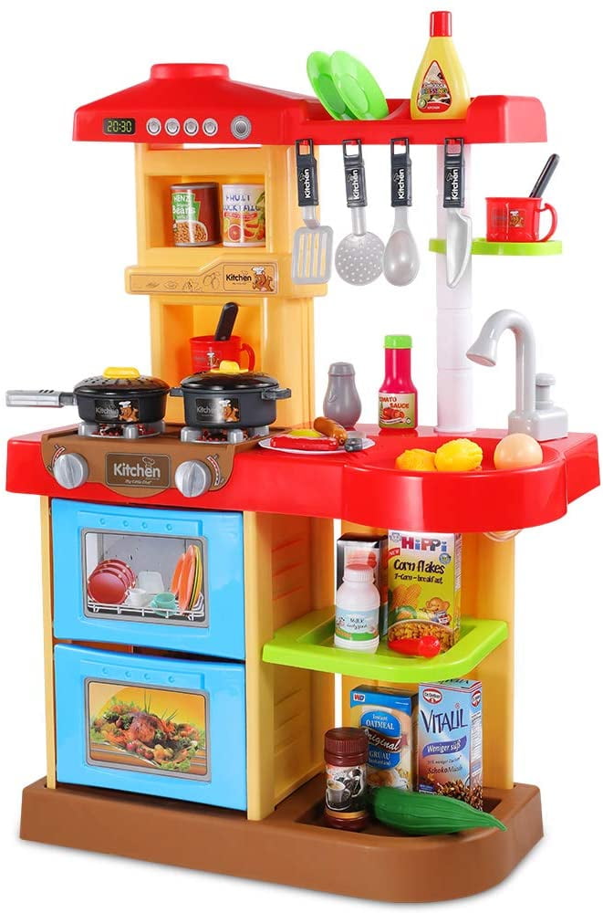 Temi Kids Kitchen Playset Pretend Food 34 Pcs Kitchen Toys For Toddlers Toy Accessories Set W Real Sounds And Light Suitable Height Red Walmart Com Walmart Com