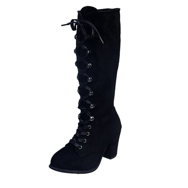 Kcodviy Femmes Décontracté Vintage Rétro Bottes Mi-Mollet à Lacets pour Femmes à Talons Épais Mi-Hauteur Chaussures pour Femmes Mi-Hauteur pour Femmes Mi-Hauteur pour Femmes Mi-Hauteur