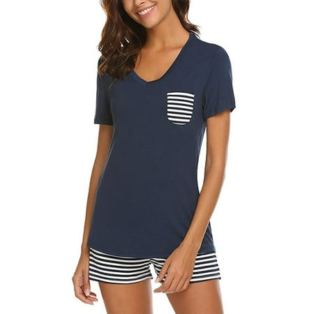 

Avamo Ladies Sleepwear 2 Pieces Outfits Pajamas Sets Short Sleeve Nightgown Baggy Lounge Set Casual Summer Nightwear Navy Blue XL