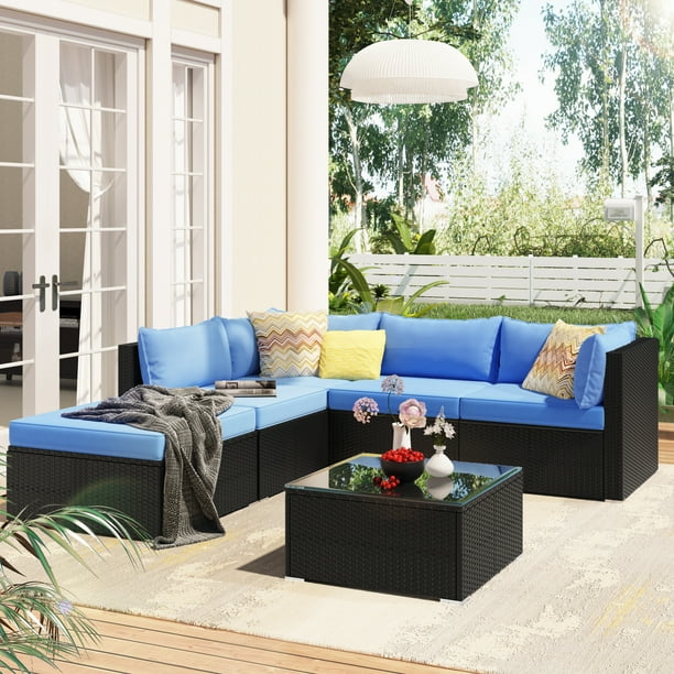 Promotion Clearance 6 Piece Patio Furniture Set Corner Sofa With Thick Removable Cushions Pe Rattan Wicker Outdoor Garden Sectional Chair Black Blue Cushion Com Piece Patio Furniture, Outdoor Sectionals Clearance