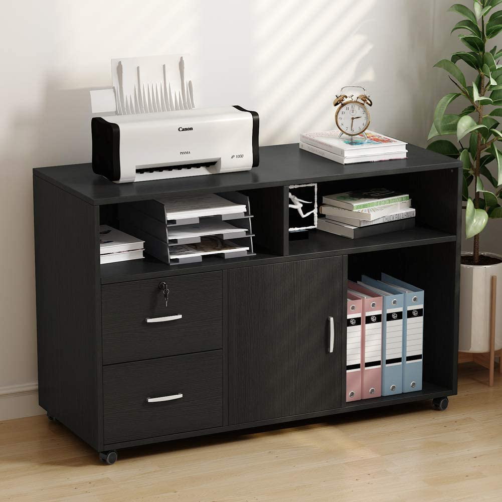 Black Printer Stand with Open Storage Shelves File Cabinets for Home Office 2 Drawer Mobile Lateral Filing Cabinets with Rolling Wheel Large Wood File Cabinet 