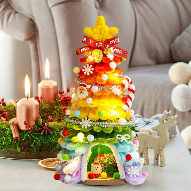 LSLJS 10" DIY handmade Lighted Mini Christmas Tree Small Desktop Christmas Tree with 20 LED Cones and Christmas Decorations