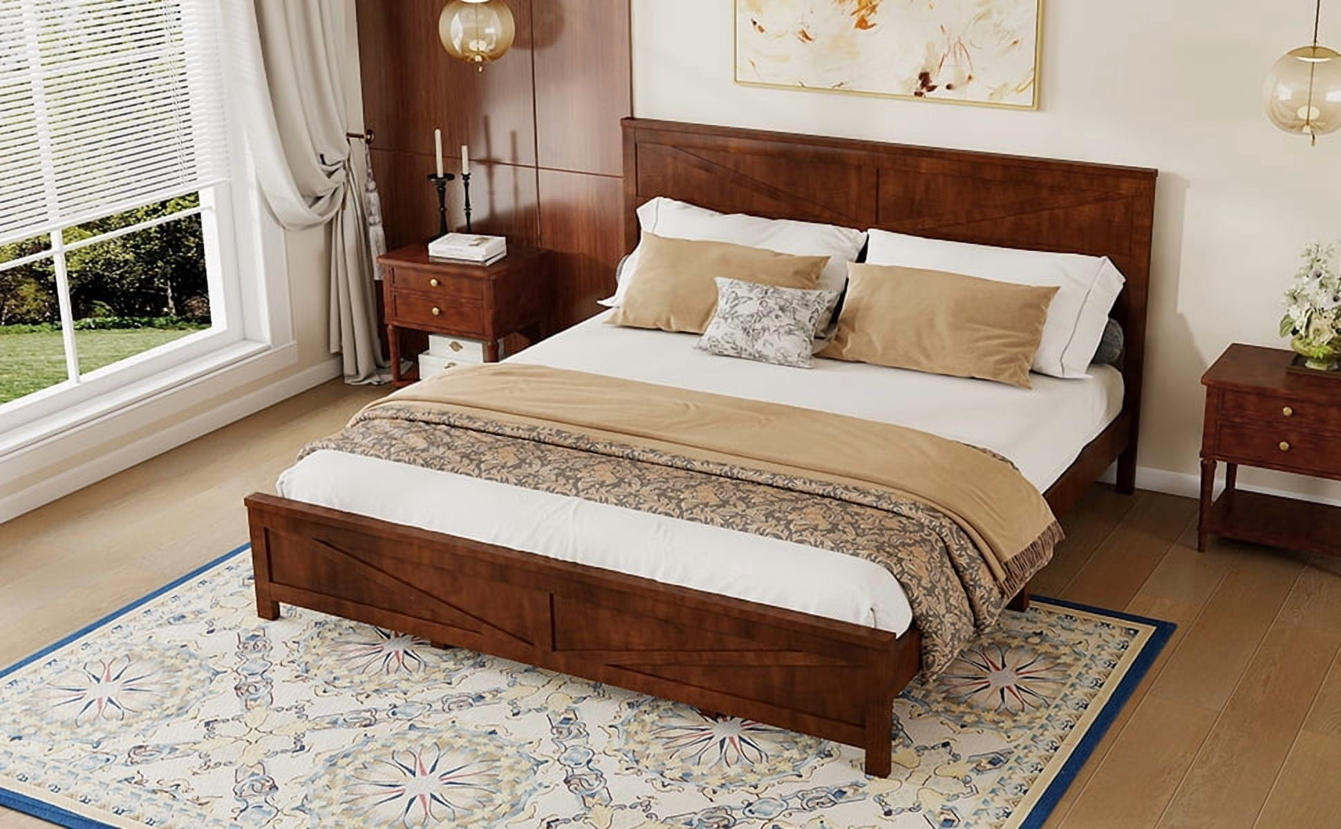 Mintazer Farmhouse King Size Platform Bed with Under-Bed Storage, Platform Bed Frame with Headboard & Footboard for Bedroom, Walnut
