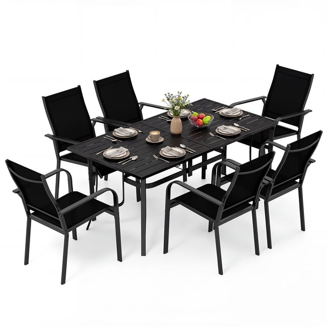 Gymax 7PCS Patio Dining Set for 6 Metal Table w/Umbrella Hole & 6 Stackable Armchairs Black
