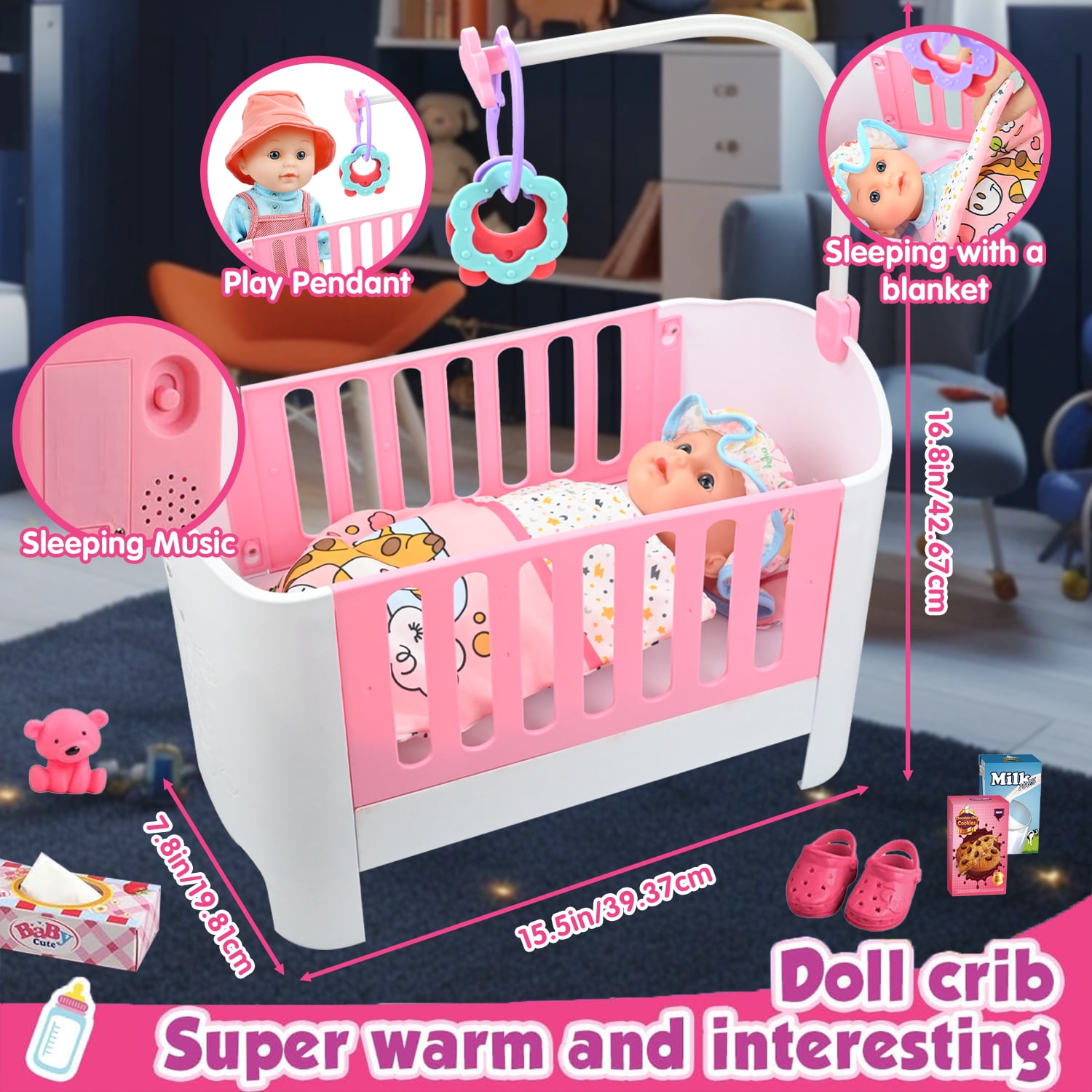 LINXUXIE Baby Doll Crib and High Chair Set, Kids Interactive Pretend Play Toys, Birthday Gifts for 1-3 3-5 5-8 Year Old