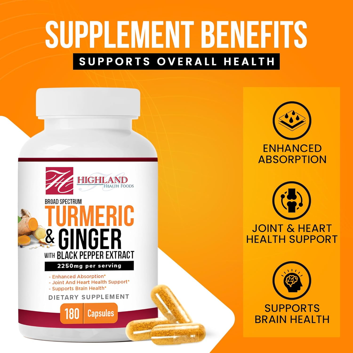 Highland Health Foods Turmeric 2250mg with Ginger Root & Black Pepper Extract 180 Capsules