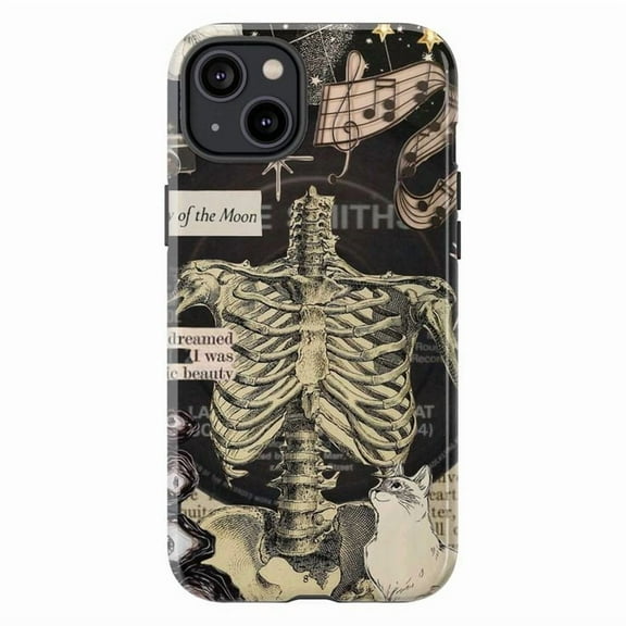 Vintage Skeleton & Cat Phone Case with Moon, Music Notes, and Dark Academia Collage Art – Gothic iPhone 16 15 14 13 12 11 Pro Max Plus Mini Protective Cover
