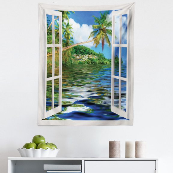 Tropical Tapestry, Rippling Sea Palms and Exotic Village Scene Through Open Window Design, Fabric Wall Hanging Decor for Bedroom Living Room Dorm, 5 Sizes, Green and Sea Blue, by Ambesonne