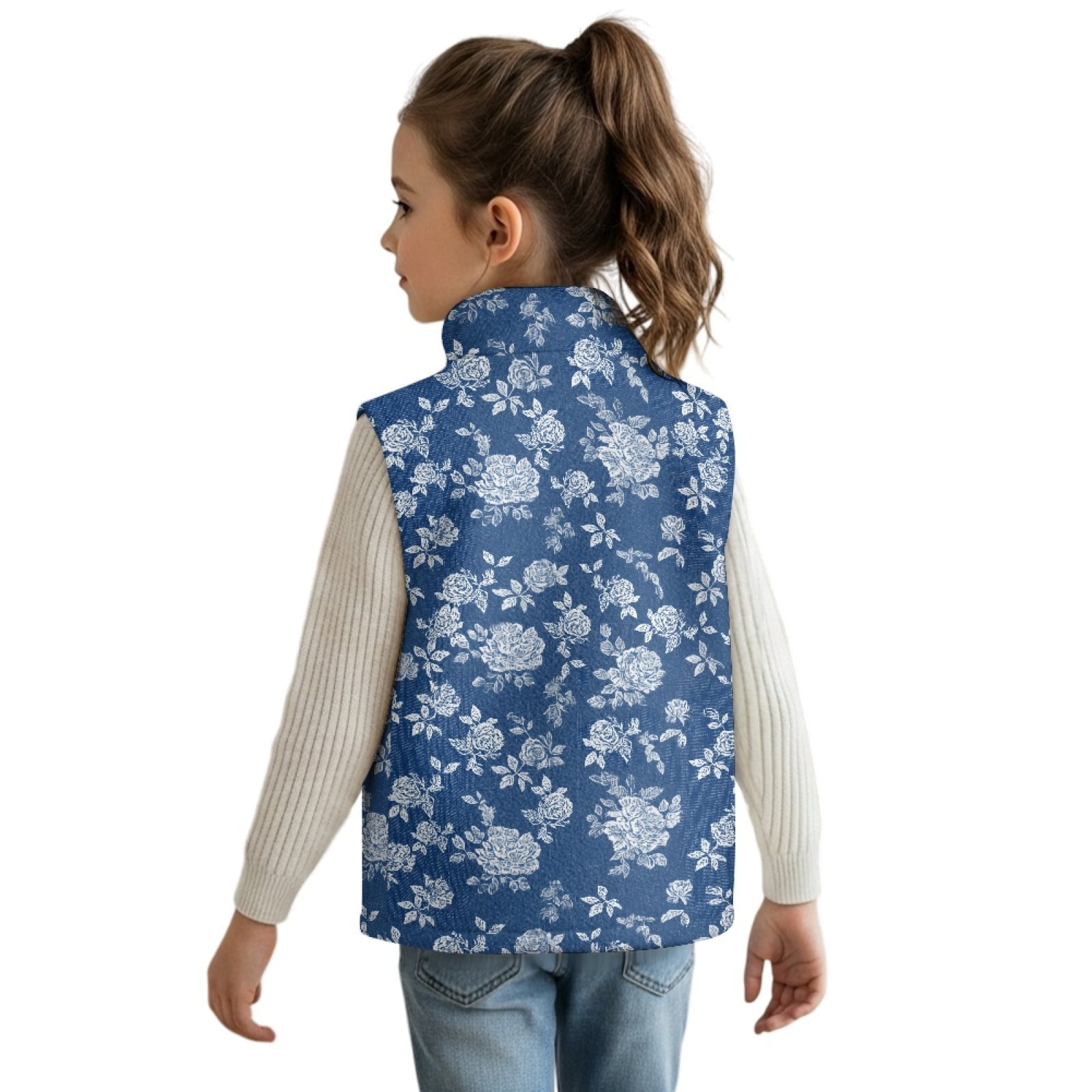 Xoenoiee Blue Rose Flower Print Girls Fleece Vest Sleeveless Outerwear Zipper Jacket Athletic Fall Winter Warm Coat with Pockets, Size 4T